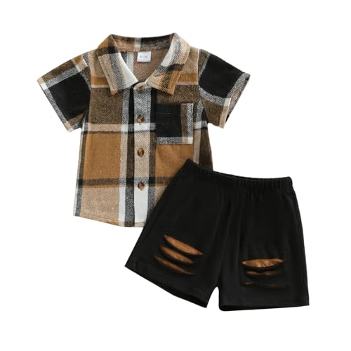 Vioyavo Infant Baby Boys Summer Clothes Set Plaid Print Short Sleeve Lapel Button Down T-shirt Top Elastic Waist Ripped Shorts Outfit (Black, 12-18 Months)