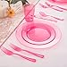 WDF 25 Guest Pink Plates with Pink Plastic Silverware&Pink Cups-Neon Clear Disposable Dinnerware include 50 Plates,25Forks, 25 Knives, 25 Spoons,25 Plastic Cups for Party and Baby Shower