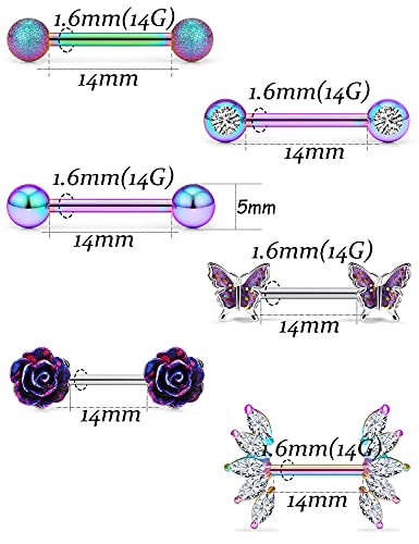 Vsnnsns 14G Nipple Rings Butterfly & Flower Piercing Jewelry - Surgical Steel, Cubic Zirconia, Silver, Black, Rainbow, Rose Gold2
