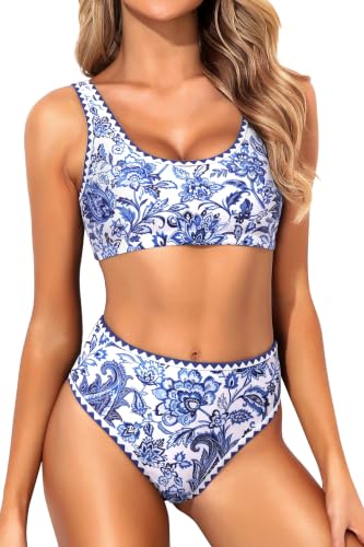 Image of Sporty Bikini Set Two Piece High Waisted Swimsuit Athletic Bathing Suit | Sporty,High Waisted Bottom,U-back,Removable Cups,Athletic,Quick Dry