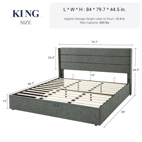 Allewie King Size Lift Up Storage Bed, Modern Wingback Headboard, Hydraulic Support, No Box Spring Needed, Dark Grey