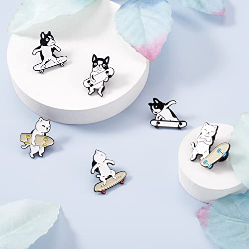 Image of Cheriswelry 6Pcs Cat Dog with Skateboarding Enamel Pins Pet with Skateboarding Lapel Pins Cute Animal Brooch Pins 27-30.5mm for Clothes Bags Backpack Hats Decoration