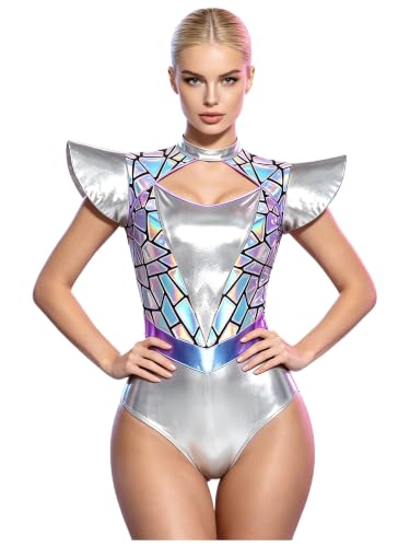Jumpsuit alienígena de tela metálica iridiscente para fiesta rave