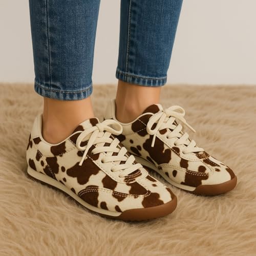 CUSHIONAIRE Techno Women’s Vegan Cow Print Calf-Hair Lace-Up Sneakers with Memory Foam Comfort4