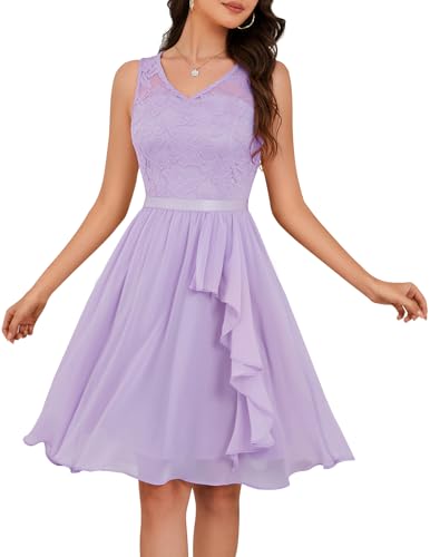 Meetjen Abendkleid Kurz Chiffonkleid Damen Elegant Knielang Spitzenkleid für Hochzeit Gast Cocktail Party Kleid Lavendel M