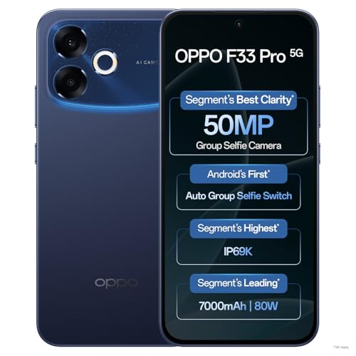 Image of Oppo F33 Pro 5G Smartphone (8GB RAM, 128GB Storage, Starry Blue) |50MP Ultrawide Selfie Camera|7000 mAh Long Battery Life | 80W Fast Charging-with No Cost EMI /Bank Offers
