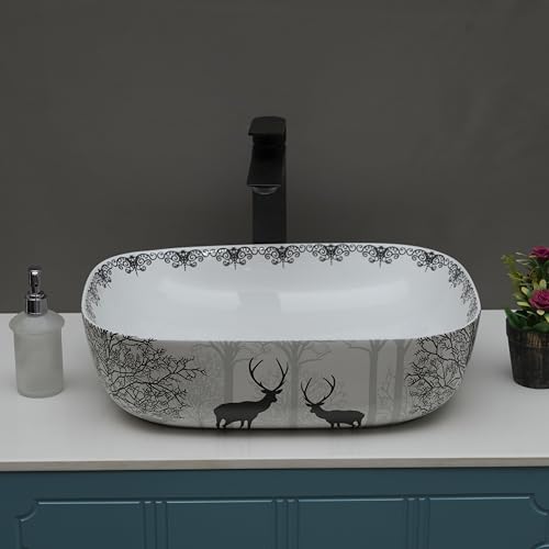 Image of Designer Glossy Finish Table Top Ceramic Wash Basin Vessel Sink with Slim Rim | Collapsible Wash Basin | Wash Basin for Bathroom | Ceramic Bathroom Sink (Animal Printed, 18 x 13 x 5.5 Inch)