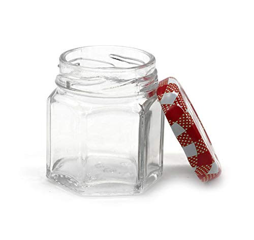 Image of Cute Hexagonal 50 ml Airtight Glass Jar Containers for Honey, Spices & Other Kitchen Items with Rust Proof Redcheck & Tarquiose Color Caps -Set of 06