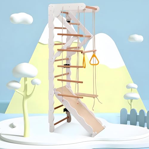 Struttura Da Arrampicata Multifunzionale in Legno per Interni 6 in 1 Con Spalliera,Scivolo E Pedana,Angolo Di Arrampicata,Sbarra Ginnica,Altalena E Scala Di Corda,Adatta a Bambini Dai 3 Anni in Su