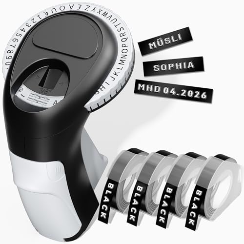 VolenGo Beschriftungsgerät Prägegerät Etikettiergerät Prägegerät Omega-S Ettikettiergeraet mit 4 Etikettenbandern Retro Prägemaschine Hausgebrauch & DIY-Bastelprojekte Schwarz ( Ä Ö Ü)