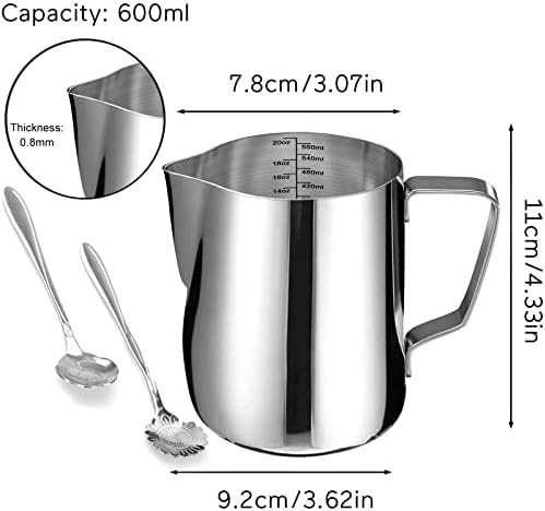 Milk Frothing Pitcher Cup, 20oz/600ML Milk Frother Cup Stainless Steel Steaming Pitcher Milk Jug Coffee Latte Art Cappuccino Espresso Machine Accessories Barista Steam Pitchers Attached Dessert Spoons