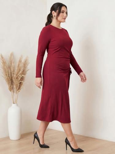 Image of Selvia Women's Ribbed Lycra Midi Dress | Long Sleeve Round Neck Ruched A-Line Dress | Casual, Party & Office Wear