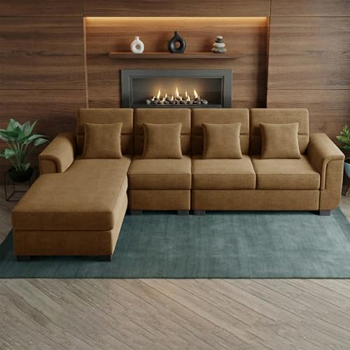 Image of Wood 6 Seater Sofa Set | Velvet Fabric Upholstery | Modern Wooden Frame Sectional Couch with Cushions for Living Room, Home & Office (Golden)