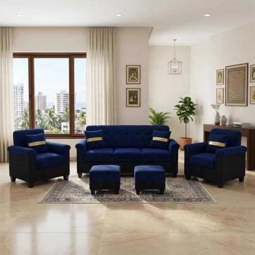 Image of FURNY Woodswave 5 Seater Sofa Set with Velvet Fabric, 3+1+1+2 Puffy Sofa Set for Living Room (Blue-Black) | Durable & Comfortable | Ideal for Living Room
