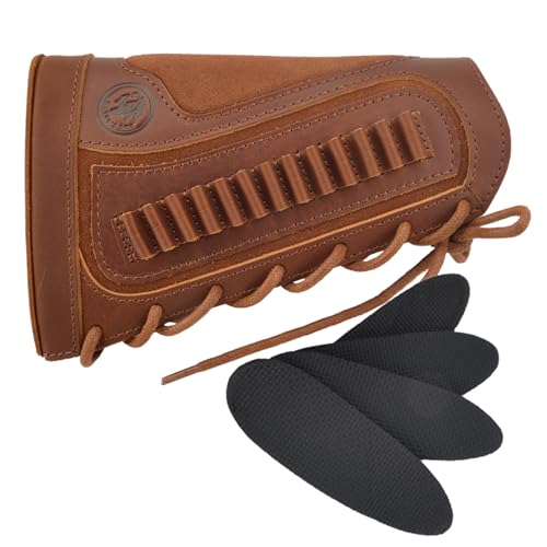 Leather Cheek Rest Pad Buttstock Ammo Holder, Gun Shell Magazine for .17HMR .22LR .22MAG (Brown)