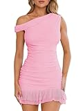 Nsbonu Women Sexy Off Shoulder Mini Dresses Bodycon Ruched Ruffle Hem Club Party Short Dress, X-Small, Pink