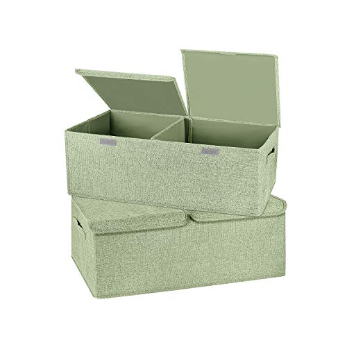 Image of 2 Pack Storage Boxes with Lids and Handles, Collapsible Linen Storage Bins Organizer Containers Baskets Cube with Removable Divider for Home Bedroom Closet Office (Green, Small)