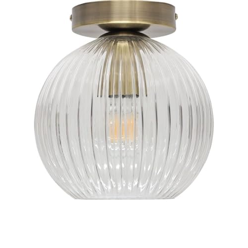 Image of firstchoicelighting Ribbed Glass Globe Ceiling Light Flush Fitting with Antique Brass Detail, Modern Low Ceiling Lighting