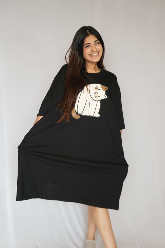 Image of LAMA STORE Women's Printed Oversized T-Shirt Dress, Cotton, 3 /4 Sleeve Length, Casual Loose Fit, Comfort Wear Extra Comfy Oversized Printed Pocket T-Shirt Dress