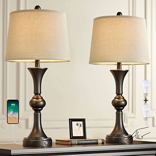 Oneach 3 Way Dimmable Touch Control Usb Table Lamps Set Of 2 For Living Room Bedroom 28“ Modern Traditional Industrial Nightstand Bedside Lamp With Linen Shade Black(Bulb Included) #TOP1