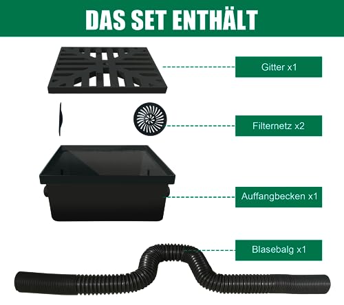 NATOTELA Auffangbecken Fallrohr Set, 2-Öffnungen, Fallrohr-Verlängerungsset mit Rohr gestreckte Länge 2m，Quadrat Deckel 25x25cm, No-Dig,niedriges Profil, Rohr gestreckte Länge 2m