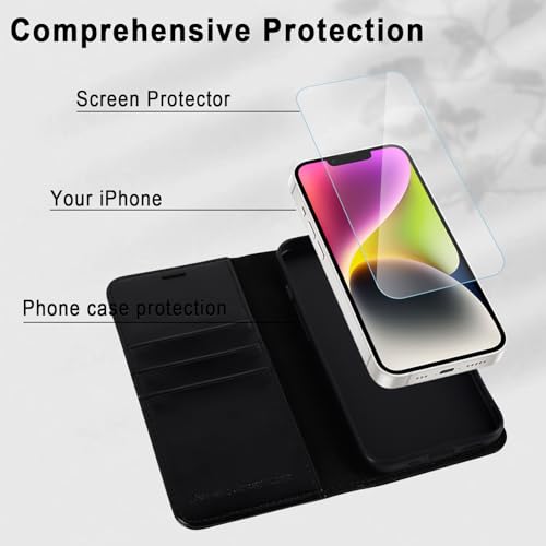 Image of MONASAY Vegan Leather Fit for iPhone-14 /13 5G Wallet Case, 6.1-inch, [Glass Screen Protector Included] [RFID Blocking] Flip Folio Phone Cover with Credit Card Holder,Black