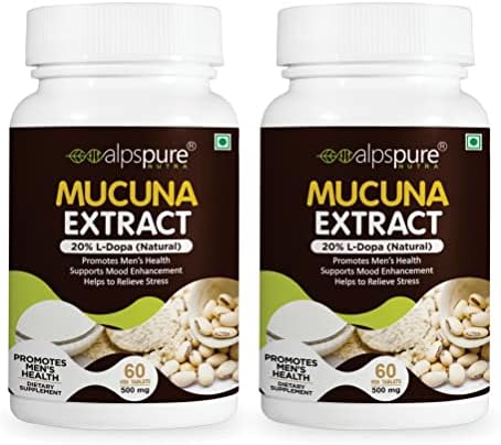 Alpspure Nutra Mucuna Pruriens Extract Tablets 500 mg (60 Veg Tab Each) Natural L-Dopa, Promotes Men's Vitality, Stress Reliever, Improves Brain & Nerve Function, pack of-2