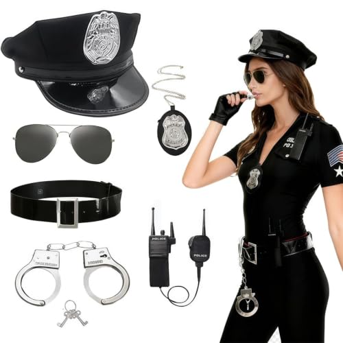 6pcs Police Costume Accessories Women Cop Hat Unisex Handcuffs Sunglass Badge Cop Swat Halloween Costume