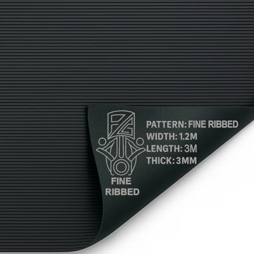 PG Floor Rubber Matting Roll 3m x 1.2m, 20m Black Non Slip Fine Ribbed Mat, Heavy Duty 3mm Thick Waterproof Flooring for Garage Gym Van Shed