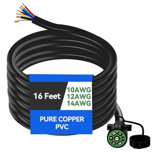 Image of 16 Ft 7 Pin Trailer Plug 10-14AWG 7 Way Trailer Plug Brass 7 Pin Trailer Wiring Harness Heavy Duty 7 Wire Trailer Wiring Harness Kit With Dust Cover 7 Way Trailer Wire for Rv Trailer Camper