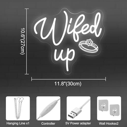 Image of Wifed Up Neon Sign, Funny Romantic LED Light with Engraving Ring for Valentine's Day, Wedding Decor Sign, Bedroom, Party Decor, Couple Space 11.8″ x 10.6″