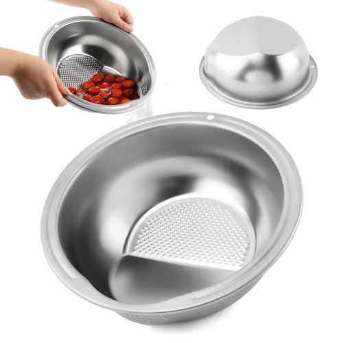 Rice Washer, Stainless Steel Food Strainers with hook, Fine Mesh Rice Strainer Bowl for Food, Rice, Fruit, Vegetable