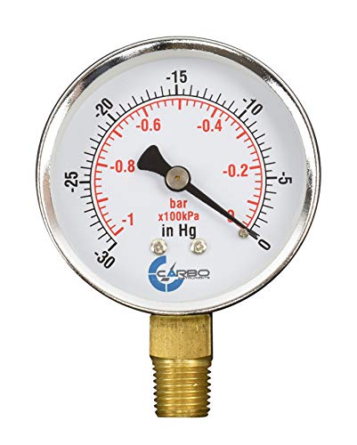 Carbo Instruments 2-1/2" Pressure Gauge, Chrome Plated Steel Case, Dry, Vacuum -30 Hg/0, Lower Mount 1/4" Npt #TOP5