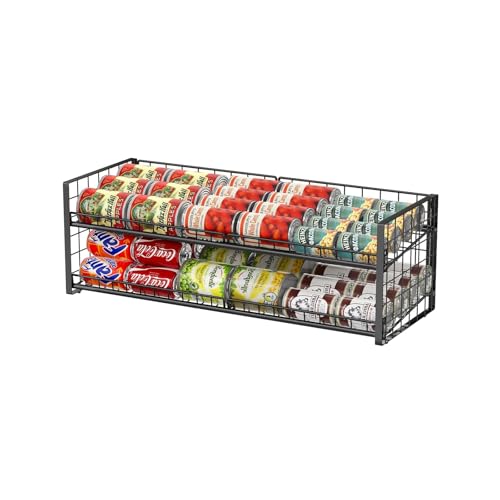 2-Tier Stackable Can Rack Organizer for Pantry Shelf, Extra-Long Can Holder for Kitchen Organization,Heavy Duty Can Dispenser for Canned Food Soup Goods up to 64 in Cabinet Storage, Black