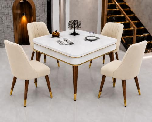 Image of WOODEN SPACE 4 Seater Wooden Dining Table Set | Urban Marble Top Dining Table with Chairs for Dining Room & Kitchen (Modern Frontline Beige) (42 x 42 x 30 inch)