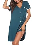 Ekouaer Nightgowns for Women Button Down Pajamas Tops Short Sleeve Sleepwear V-Neck Sleepwear Blue & Green M