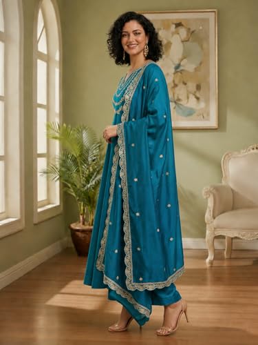 Image of Yashika Women's Silk Blend Embroidered Anarkali Kurta Set with Dupatta | Full Length Ethnic Wear for Women | Wedding