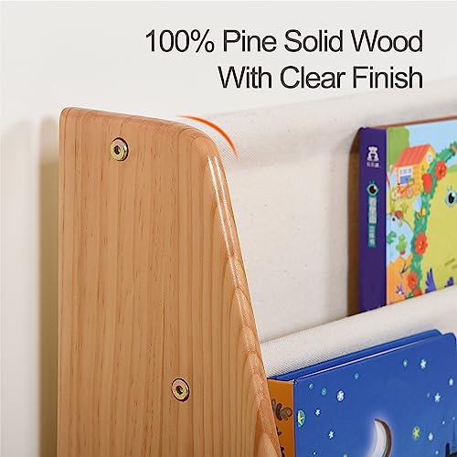 Krand Kids Sling Bookshelf For Toddler Boys And Girls Book Rack Storage Baby Bookcase Organizer,Features Animial Printed Canvas Sleeves&Solid Wood Structure (Natural/Bear) #TOP3