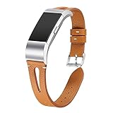 bayite Leather Bands Compatible Fitbit Charge 2, Replacement Genuine Wristband Straps Women Men, Brown Small