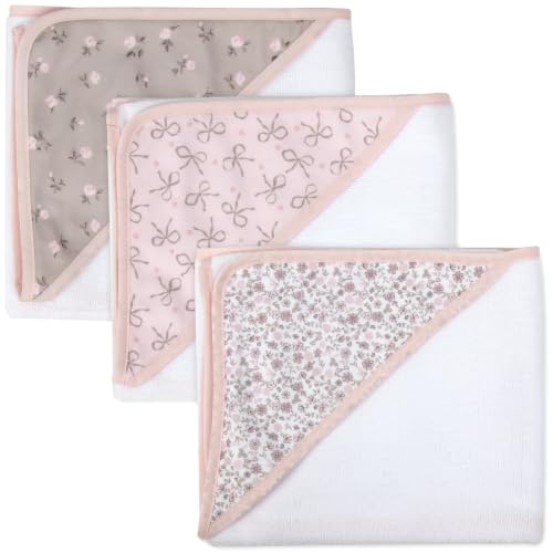 Image of Jessica Simpson Baby 6-Piece Hooded Towel & Washcloth Set - Soft Polyester Baby Bath Towels - Pink & Green Floral Design (Pink Floral & Bows)