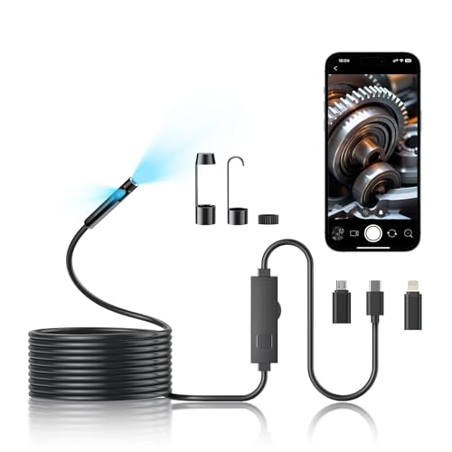 Borescope Camera with Light,16.4FT Semi Rigid Snake, 1920P HD Borescope Camera with 8 Adjustable LED, Borescope for iPhone IP67 Waterproof Automotive Engine Plumbing HVAC Inspection 8 mm (Dual-Lens)