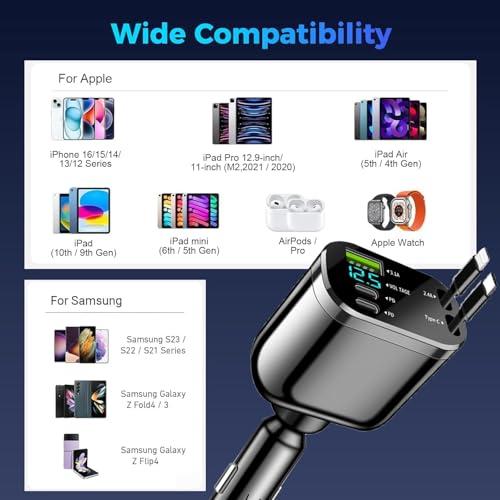 Image of 120W 5 in 1 Retractable Car Charger - Super Fast Car Charger Type C & Lightning Cables, Dual USB Ports, 12V Car Charging Adapter for iPhone 16 /15 /14, Samsung, Android (5 in 1, 1)