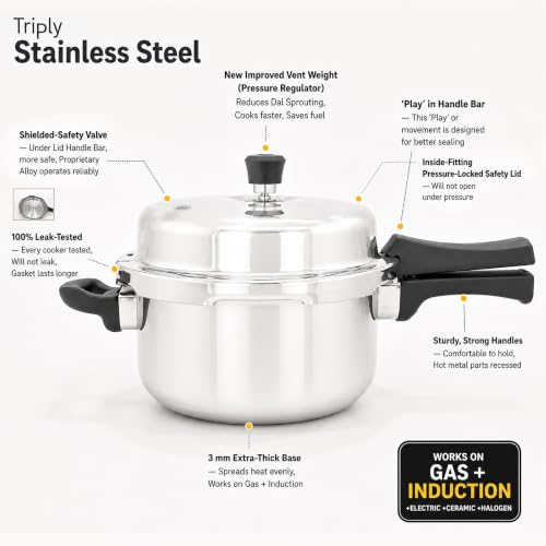 Image of SOLARA Triply Stainless Steel Pressure Cooker 2 L, Outer Lid Design, Induction & Gas Compatible, Even Heat Distribution, Heavy Duty Kitchen Cookware