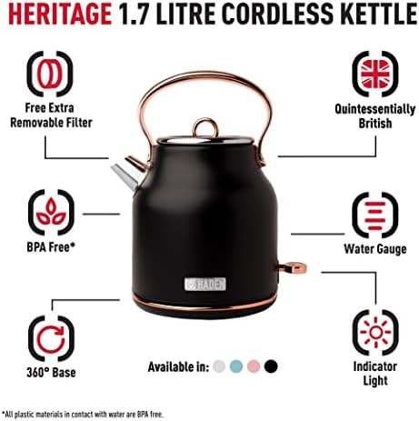 Haden Heritage Black & Copper Cordless Kettle - Traditional Electric Fast Boil Kettle - 3000W, 1.7 Litre