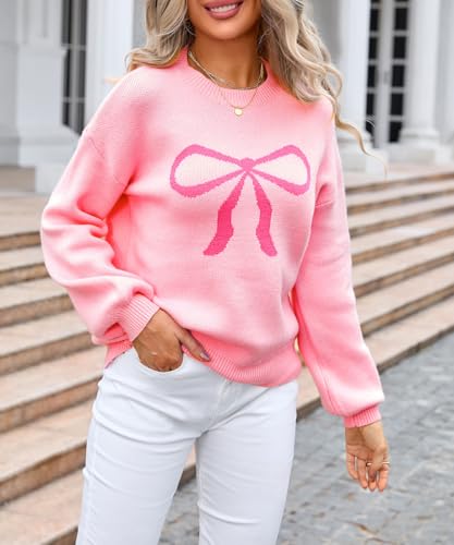 Sumleno Womens Fall Winter Casual Sweater Cute Bow Crewneck Long Sleeve Baggy Knit Sweatshirt Top Trendy Aesthetic Clothes2