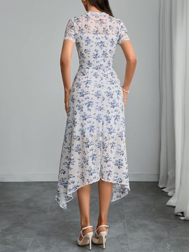 Image of GothDark Women Summer Wedding Guest Floral Mesh Irregular Hem Midi Dress | A-Line, Short Sleeve, Sheer Mesh Overlay, Elegant Vintage Dresses For Party, Semi Formal, Vacation, Dinner, Church