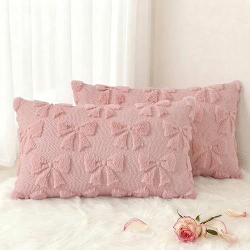 Image of decorUhome Pink Bow Pillow Covers Set of 2 Coquette Aesthetic Cute Preppy Plush Faux Pillowcases for Girly Bedroom or Couch 12x20 Inch