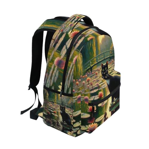 Kids Back Pack, Lightweight Kids Travel Backpack for Boys Girls Back to School Essentials, 15L, Black Cat Water Lilies2