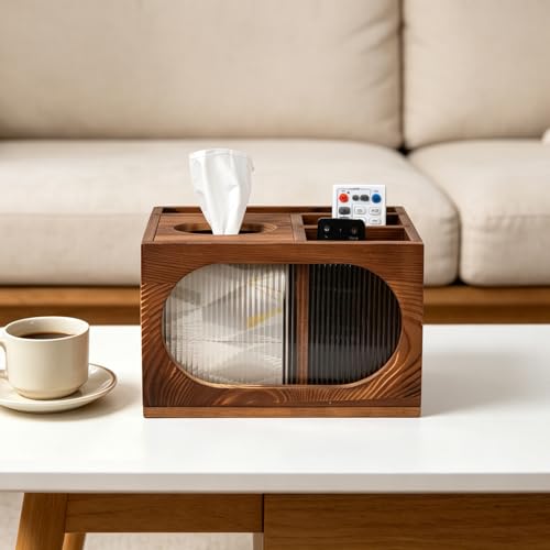 Panier de télécommande de luxe en bois brûlé et son distributeur de mouchoirs chic