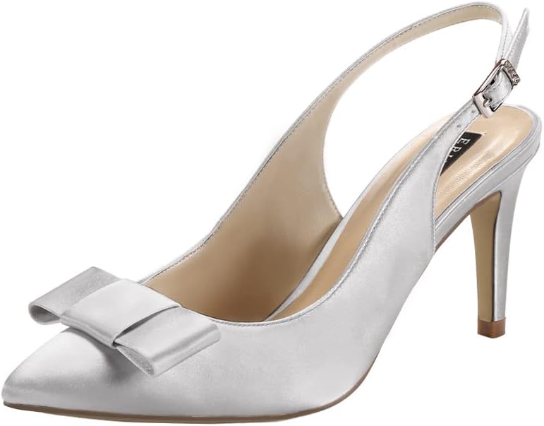 ERIJUNOR Pointy Toe Pumps Mid Heels Wedding Evening Party Prom Slingback Satin Shoes